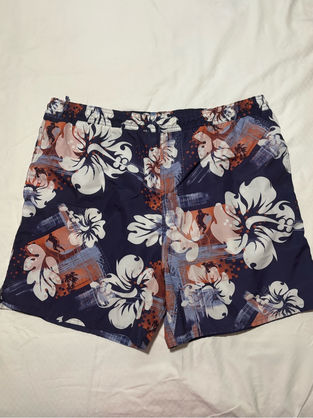 Men's Navy Floral Swim Trunks - Navy, White & Rust